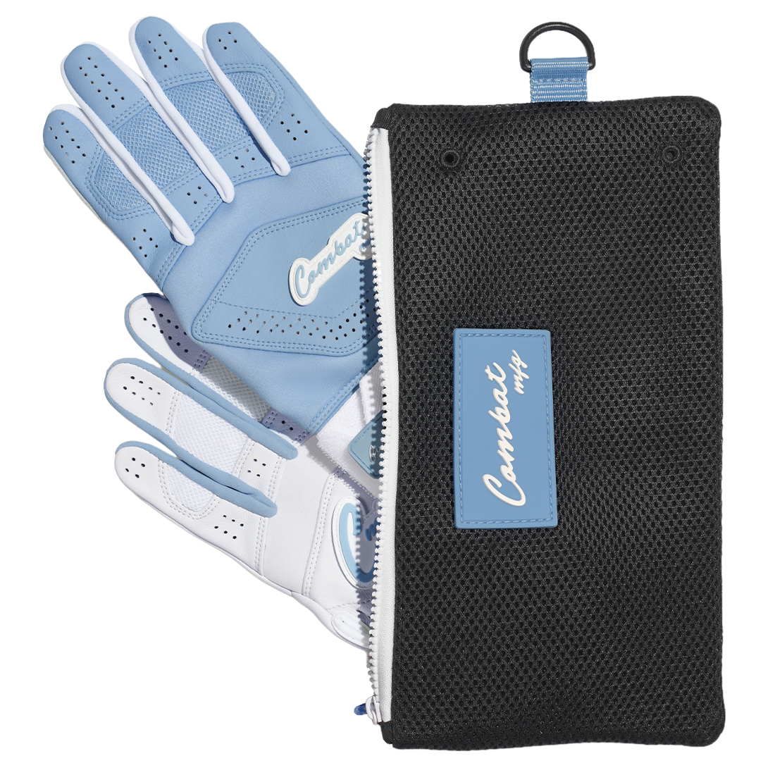 COMBAT MFG Ying Yang Long Strap Batting Gloves: White/Columbia Blue