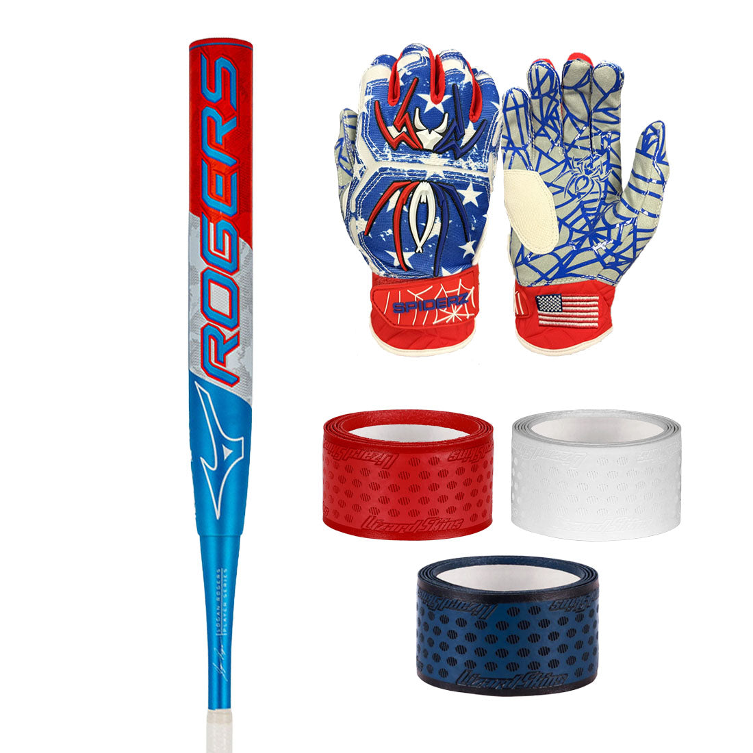 Red, White, and Blue Bundle: 2026 Mizuno Logan Rogers Slowpitch Bat Bundle FREE Spiderz USA Hybrids + Grip