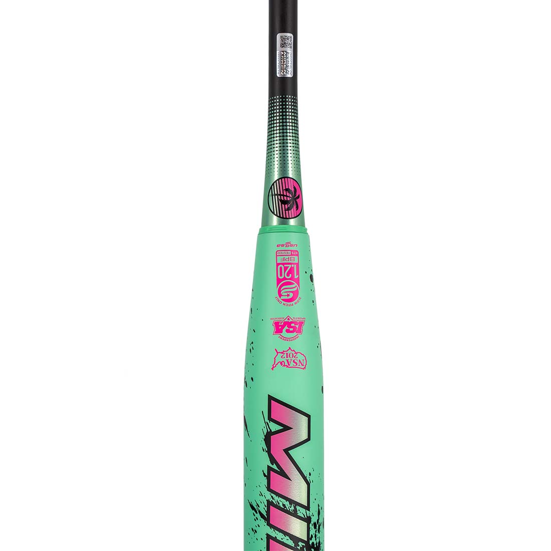 Miken HB12 Mint slowpitch bat angled view mint barrel metallic pink accents