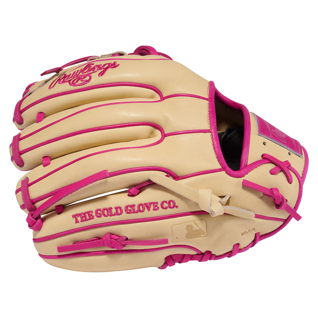Blonde and Pink Rawlings Heart of the Hide steerhide infield baseball glove side profile