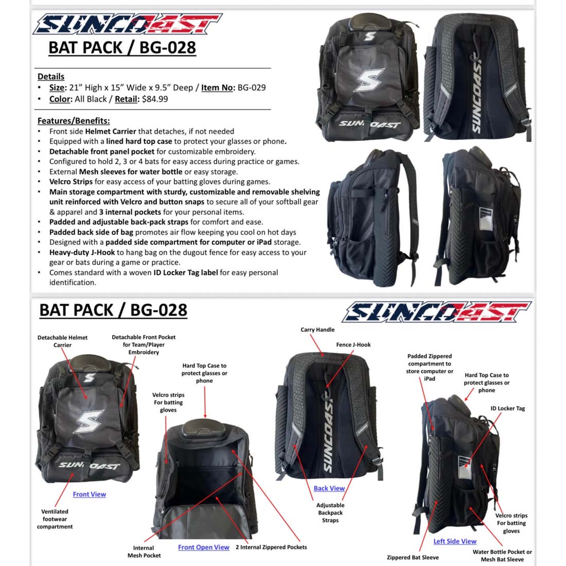 Suncoast player batpack BG-030 all black holds 2 to 4 bats detachable helmet carrier