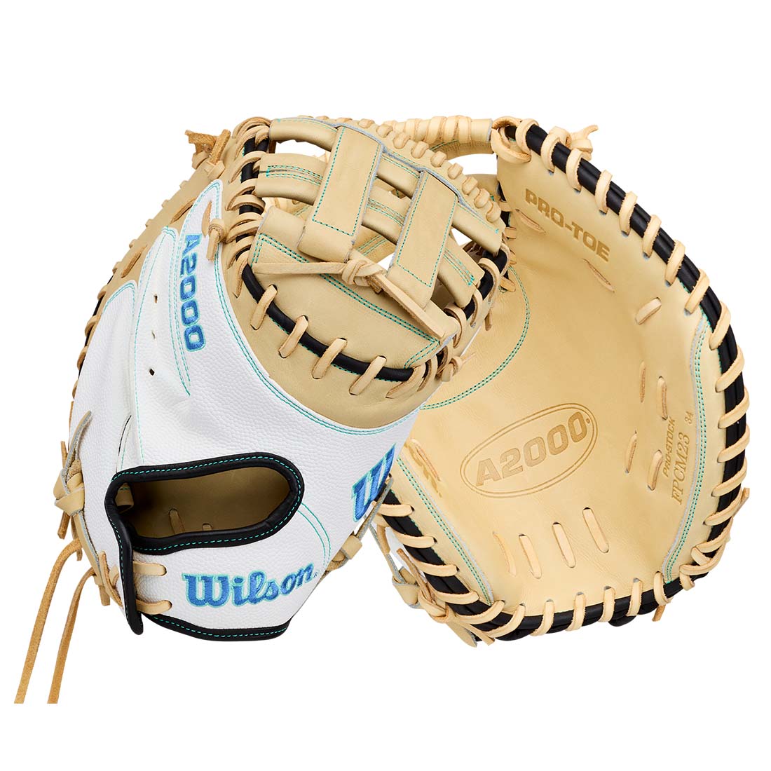 Wilson A2000 Pro-Toe Fastpitch Softball glove shown from the front and back on a clean white background, featuring a white and tan leather design with black and light blue stitching.