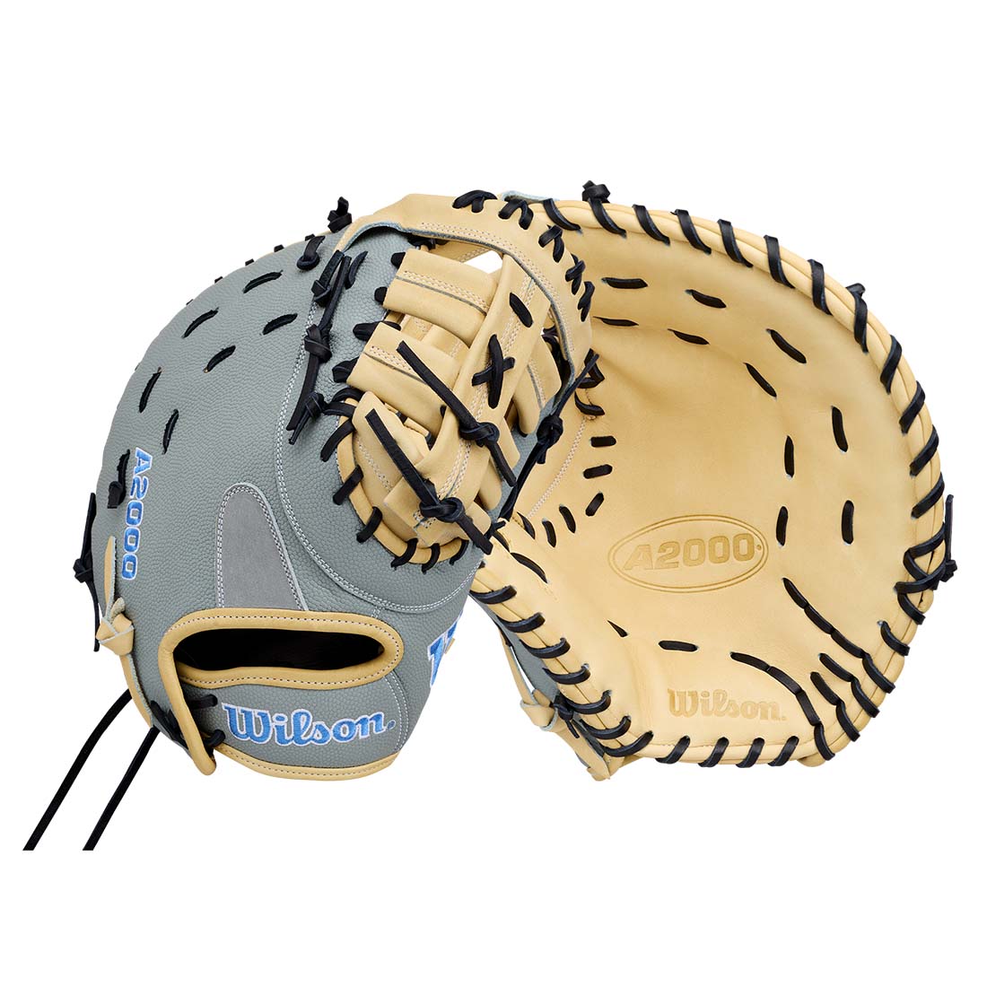 Wilson softball glove shown from both the outside and inside, featuring a gray and tan leather design with black lacing and stitching, on a white background.