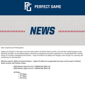 Press Release: Perfect Game Suspends Easton Hype Fire -5 Baseball Bat