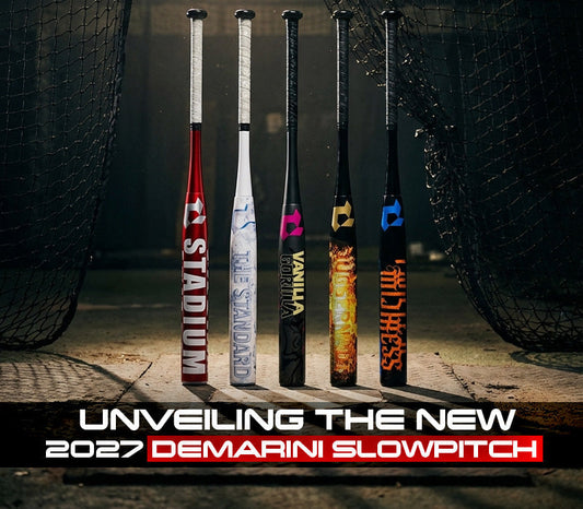 New 2027 DeMarini Slowpitch Bats in a dark batting cage at Headbanger Sports