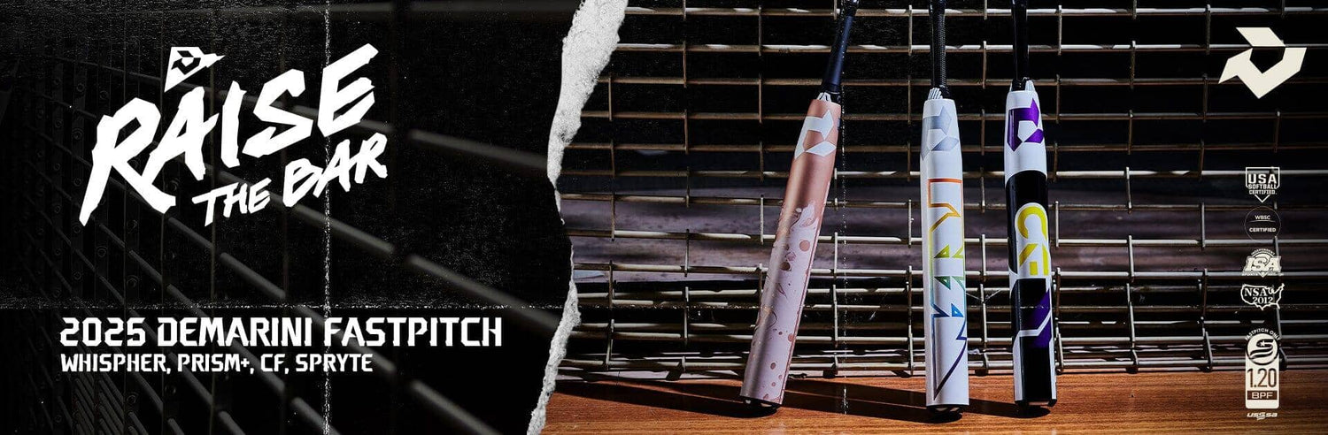 New 2025 DeMarini Fastpitch Bats picturing the Whisper, Prism+, and CF available at Headbanger Sports