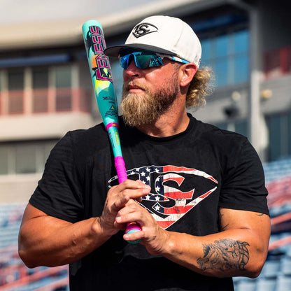 Scott Hartling holding his 2026 Louisville Slugger Genesis Scott Hartling Genesis Slowpitch Bat at the USSSA Stadium