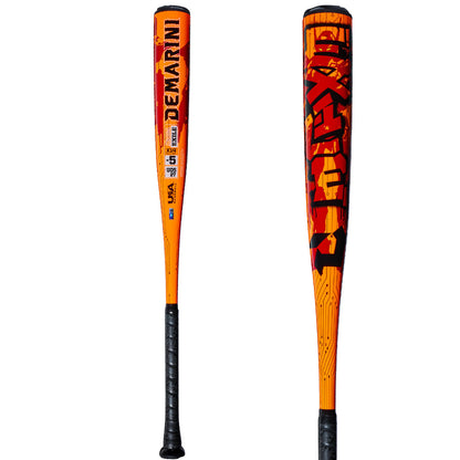 2027 DeMarini Exile USA bat in -11 and -5 with 2 5/8” X14 alloy barrel and Tracer End Cap for fast swing speed, stiff feel, and loud pop.