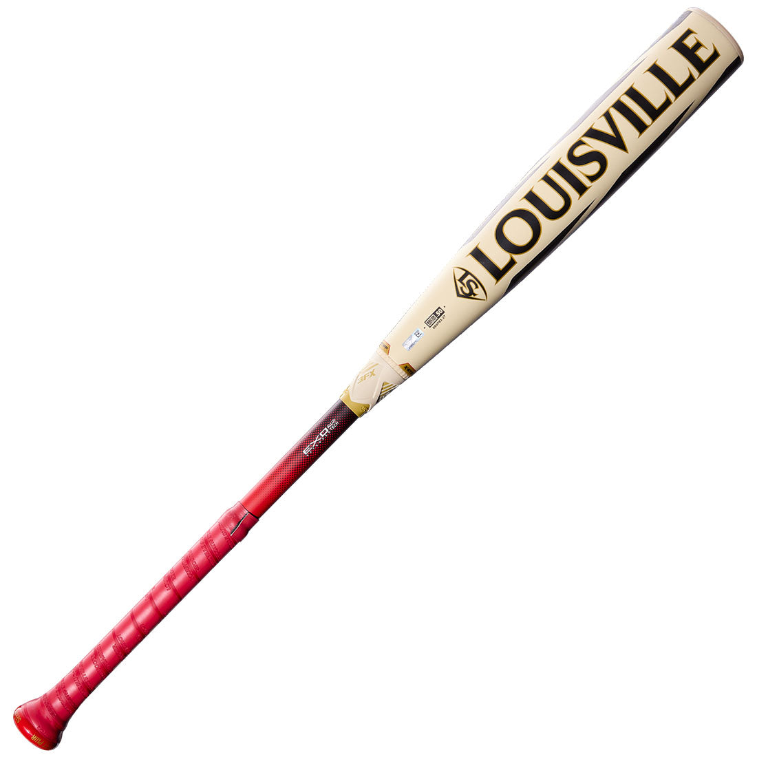 A Louisville Slugger baseball bat shown diagonally on a plain white background. The bat features a cream-colored barrel with black and gold branding, transitioning to a red and black handle with a red grip.