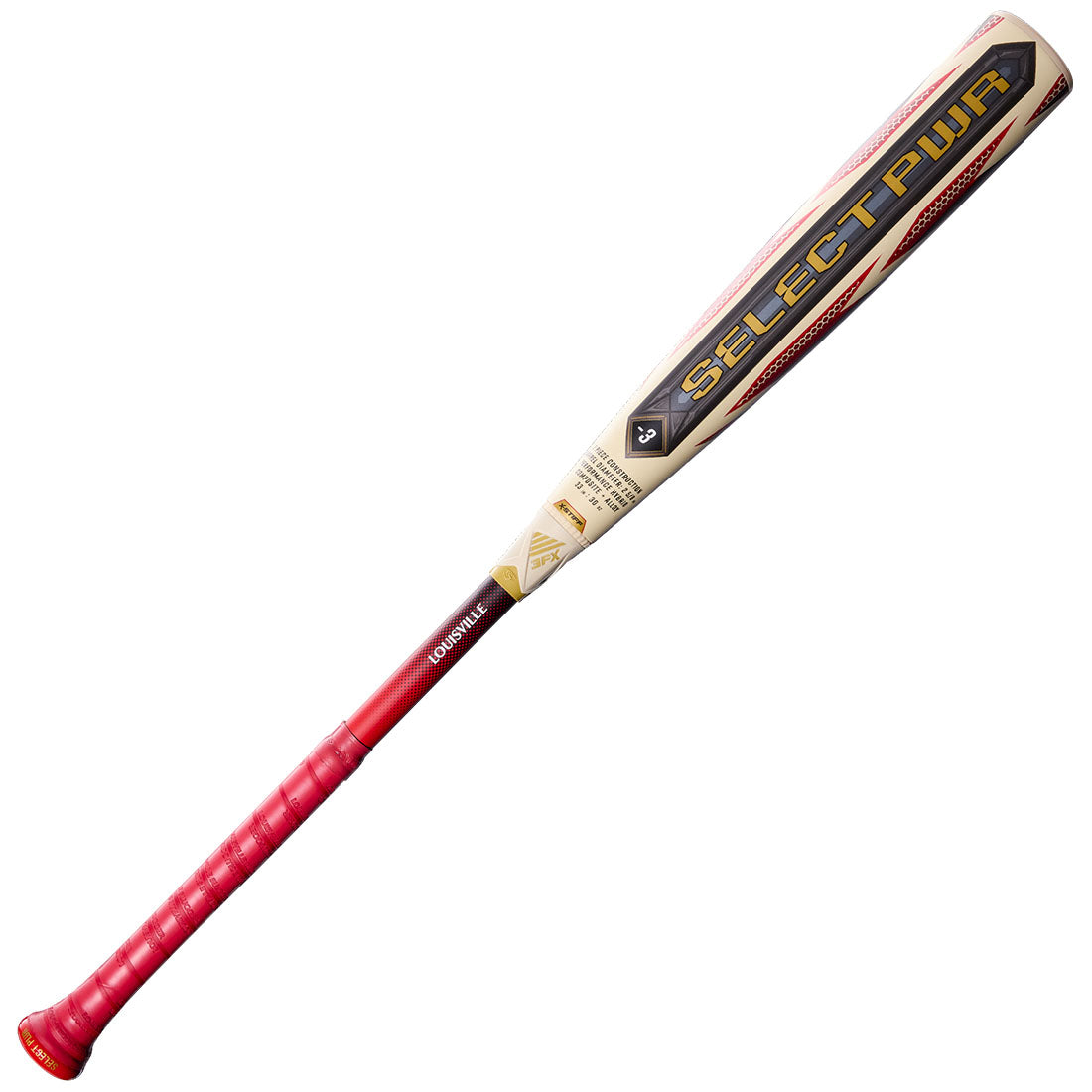 A Louisville Slugger Select PWR baseball bat shown diagonally on a plain white background. The bat features a cream-colored barrel with gold and black branding, and a red grip handle.