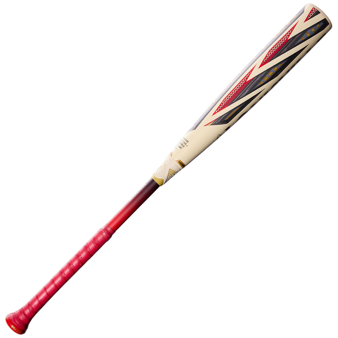 A baseball bat shown diagonally on a plain white background, featuring a cream-colored barrel with red and navy graphic stripes, a red transition zone, and a red wrapped handle.