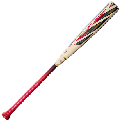 A baseball bat shown diagonally on a plain white background, featuring a cream-colored barrel with red and navy graphic stripes, a red transition zone, and a red wrapped handle.