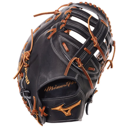 Black Deguchi Northern European Kip Leather Mizuno GMP Pro Baseball Glove with Brown Laces on a white background.