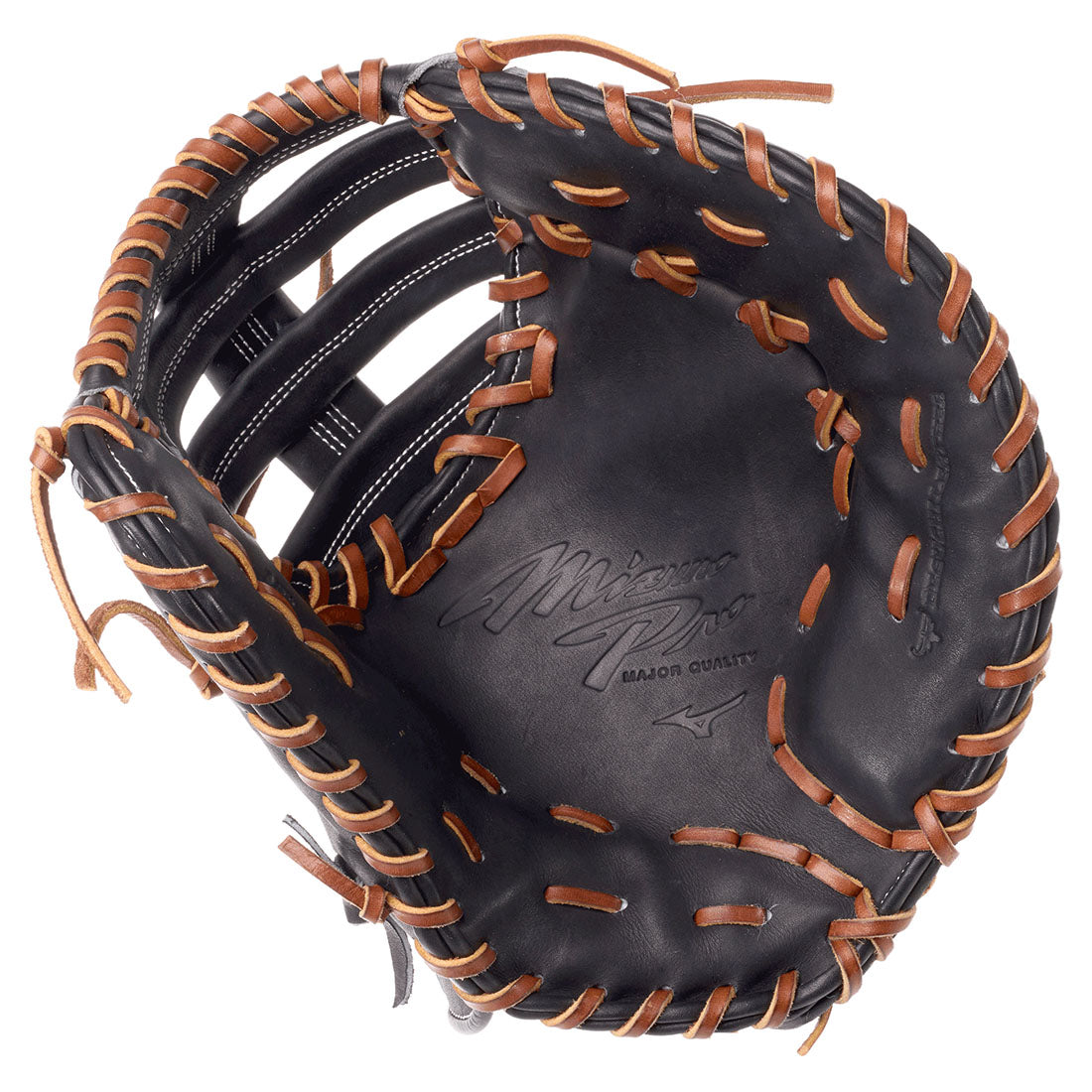 Inside palm view of a Black Deguchi Northern European Kip Leather Mizuno GMP Pro Baseball Glove with Brown Laces on a white background.