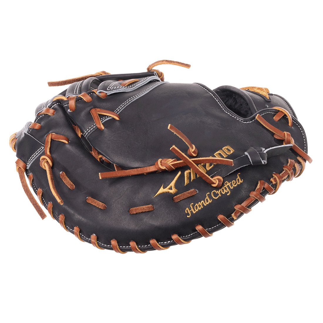 Mizuno Profile view of a Black Deguchi Northern European Kip Leather Mizuno GMP Pro Baseball Glove with Brown Laces on a white background.