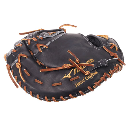 Mizuno Profile view of a Black Deguchi Northern European Kip Leather Mizuno GMP Pro Baseball Glove with Brown Laces on a white background.