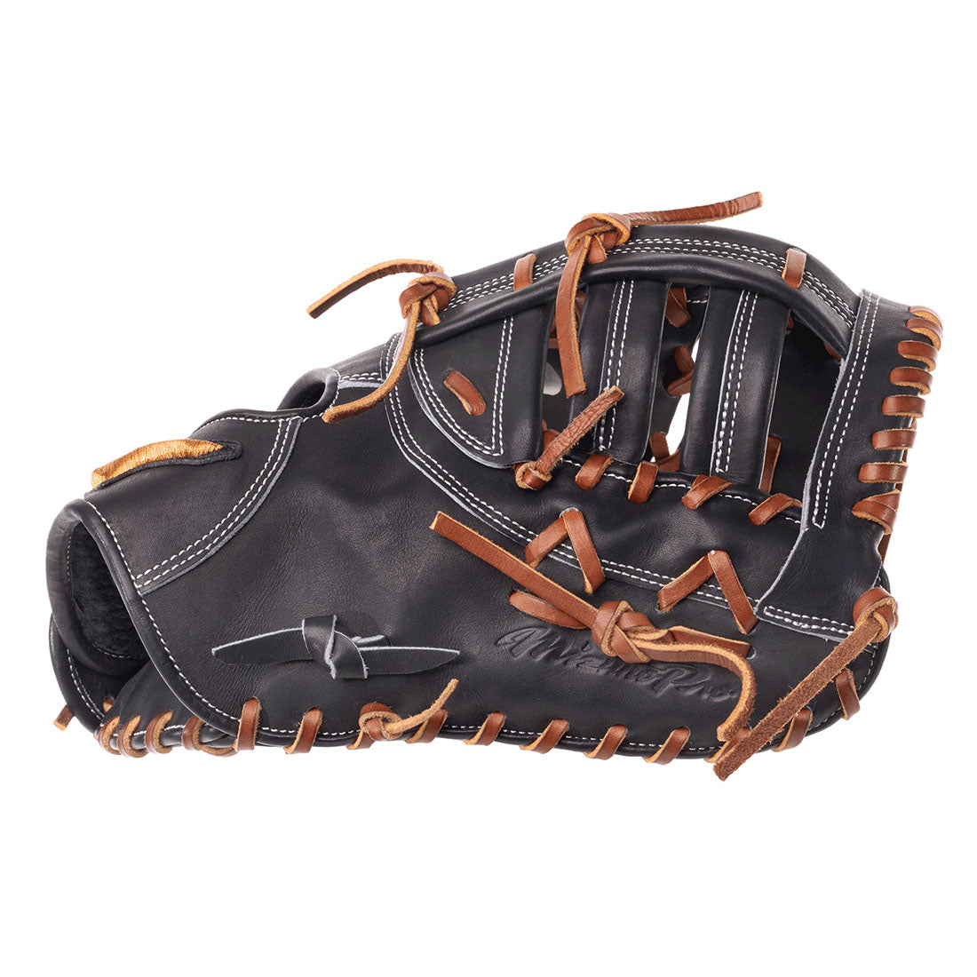 Side Profile view of a Black Deguchi Northern European Kip Leather Mizuno GMP Pro Baseball Glove with Brown Laces on a white background.