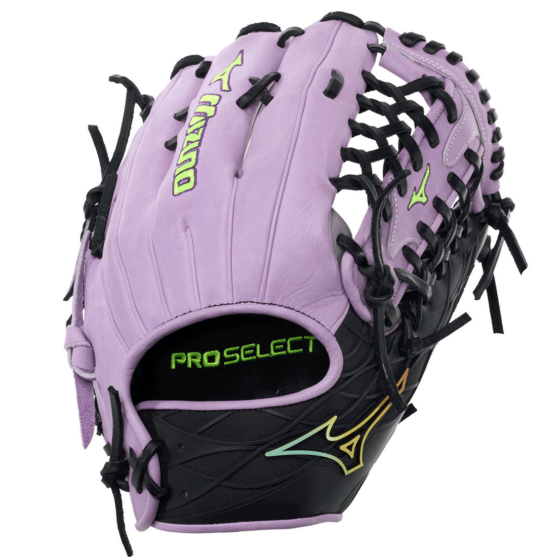Mizuno Pro Select DynaCage GPS-72DDC 12.75 inch outfield baseball glove Lavender on a white background