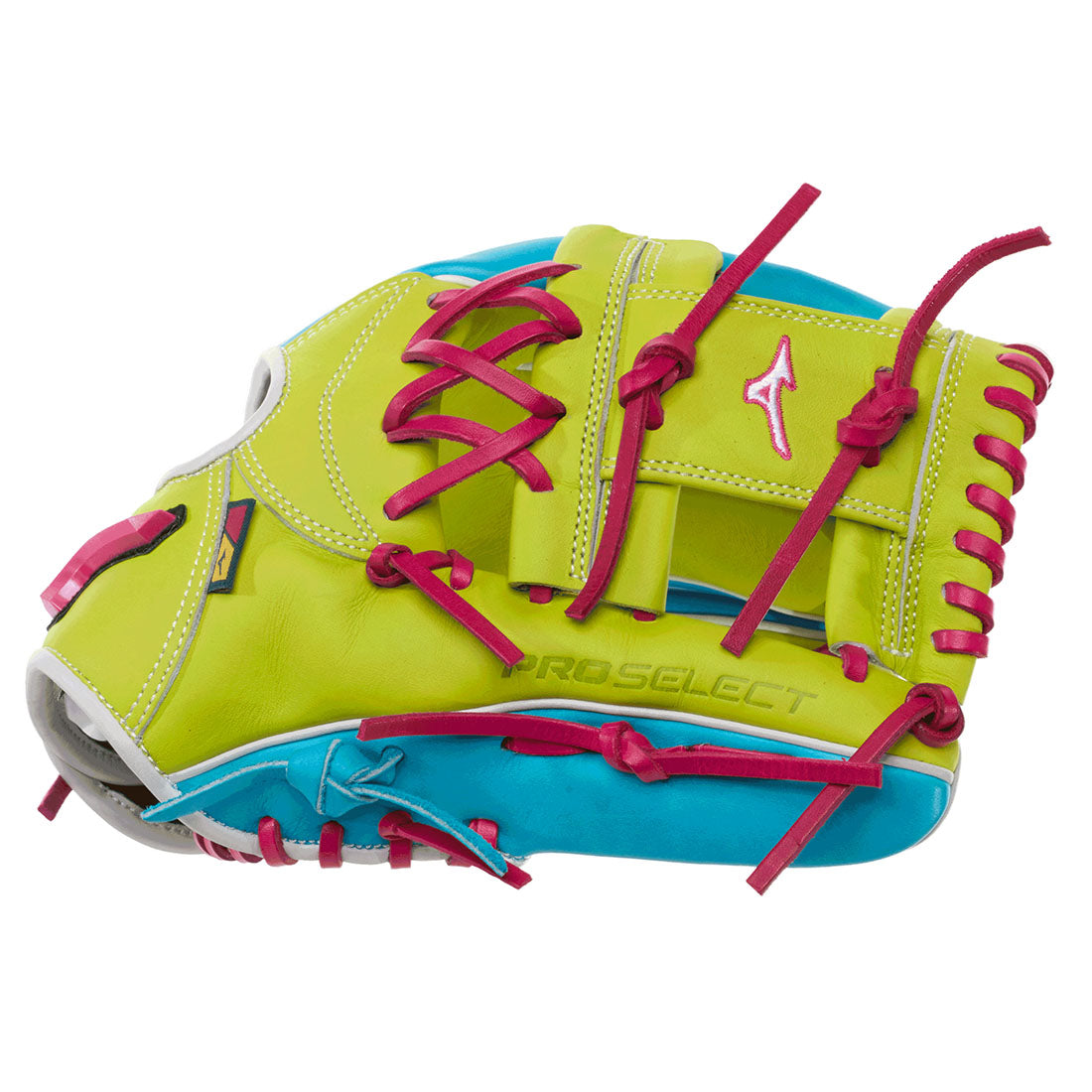 A Mizuno ProSelect baseball glove in blue and yellow with hot pink laces, shown from the side on a white background.