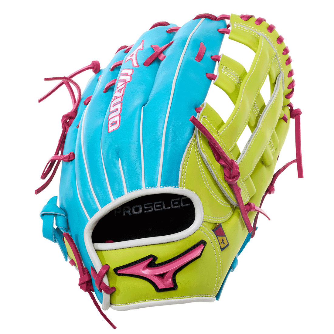 Mizuno Pro Select NEO 12.5" Youth Outfield Baseball Glove in a Blue, Yellow, pink colorway. 