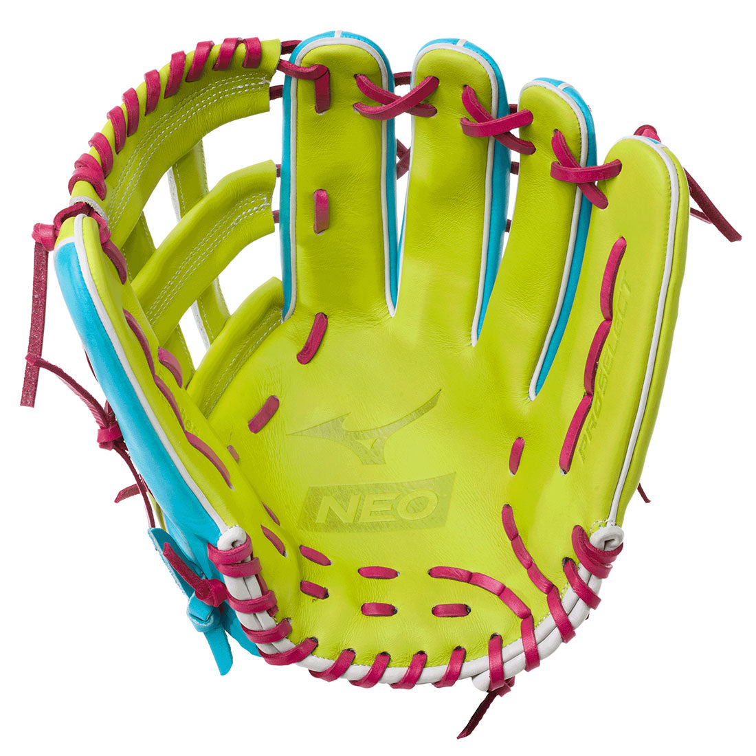 A Mizuno NEO baseball glove in neon yellow-green leather with hot pink laces and light blue trim, shown on a solid white background.