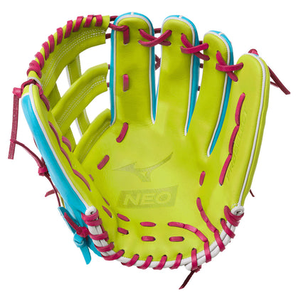 A Mizuno NEO baseball glove in neon yellow-green leather with hot pink laces and light blue trim, shown on a solid white background.