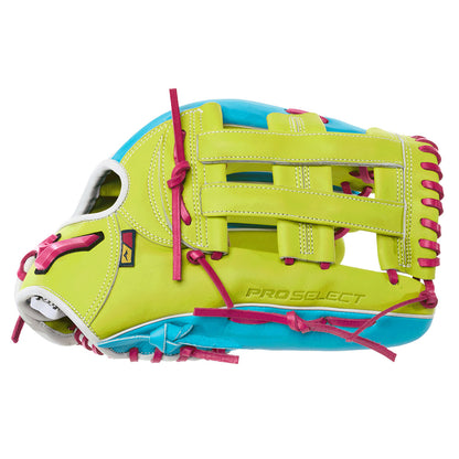 A Mizuno NEO baseball glove in neon yellow-green leather with hot pink laces and light blue trim, shown on a solid white background.
