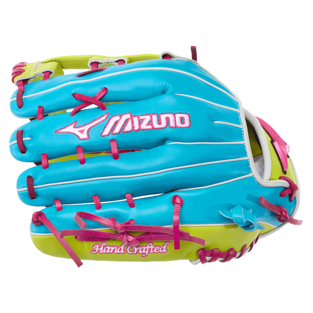 A Mizuno NEO baseball glove in neon yellow-green leather with hot pink laces and light blue trim, shown on a solid white background.