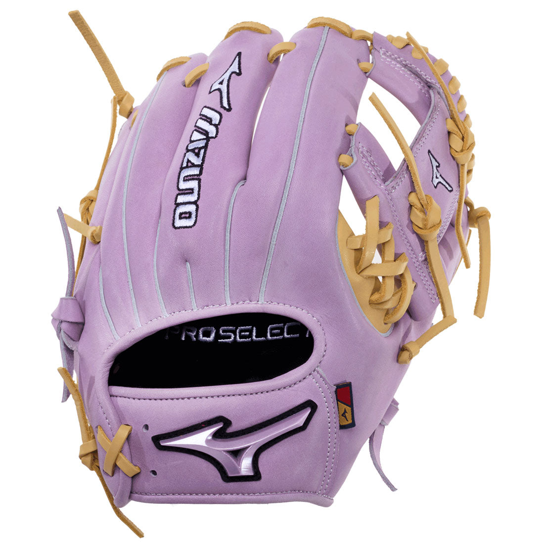 A Mizuno Pro Select softball glove in lavender purple with tan laces and trim, shown on a clean white background.