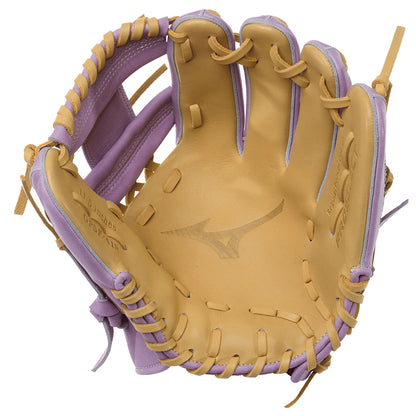 A Mizuno softball glove palm in tan leather with purple webbing and laces, shown from a top-down angle on a white background.