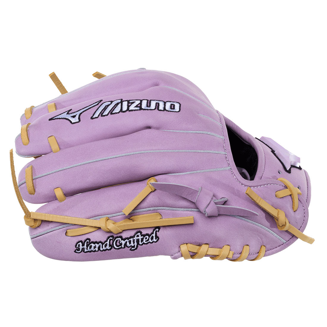 A Mizuno Pro Select softball glove in lavender purple with tan laces and trim, shown on a clean white background.