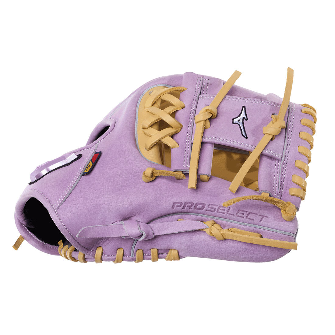 A Mizuno Pro Select softball glove in lavender purple with tan laces and trim, shown on a clean white background.