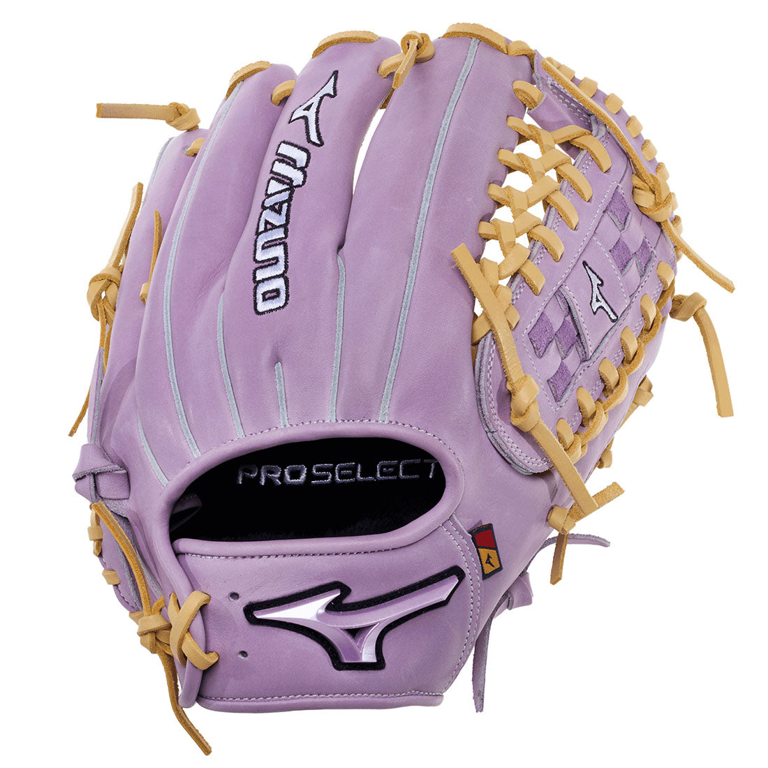 Mizuno Pro Select fastpitch softball glove in a Lavender colorway with blonde lacing and accenting on a white background