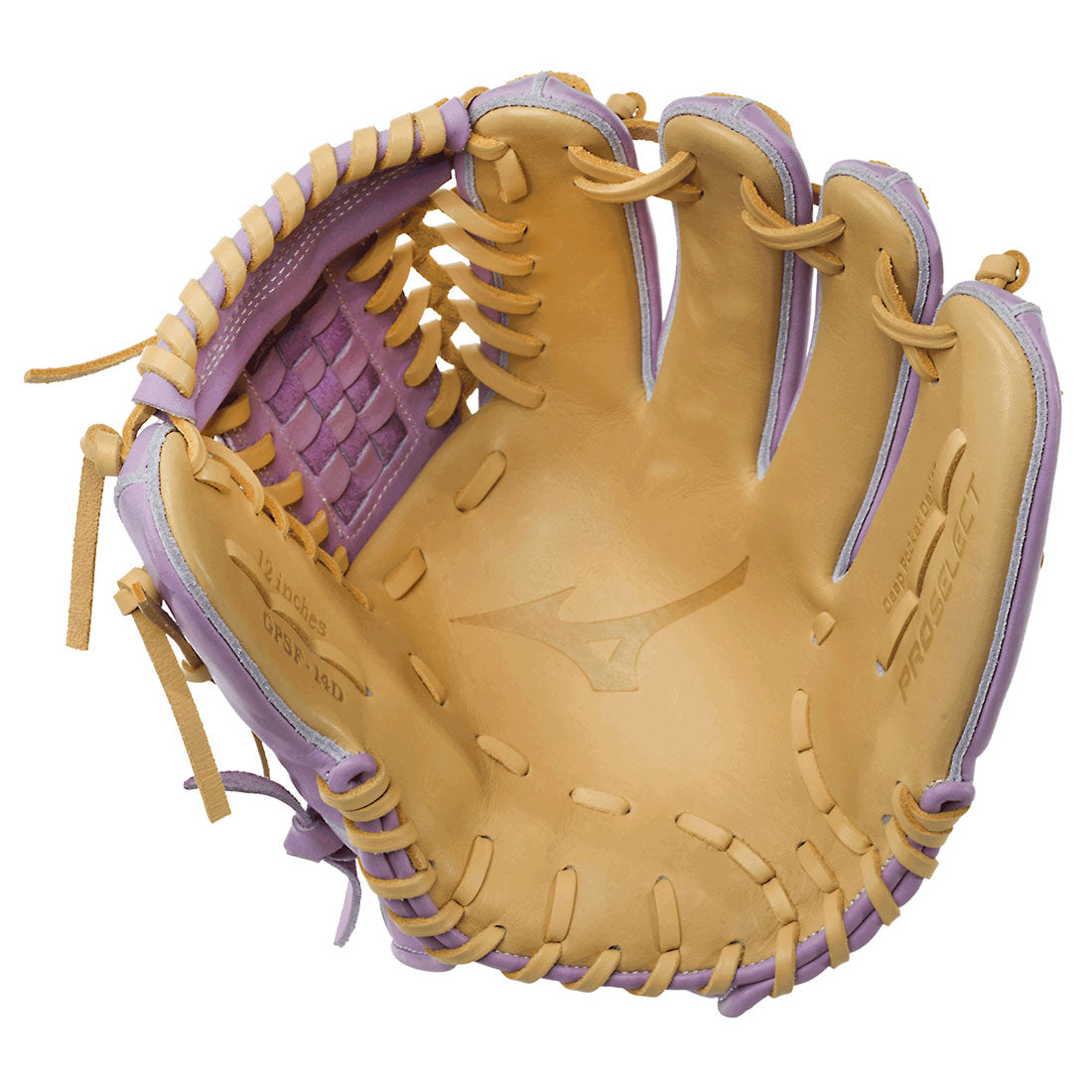 Mizuno Pro Select fastpitch softball glove blonde palm with Lavender on the outside of the glove. 
