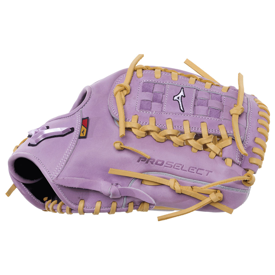 Mizuno Pro Select fastpitch softball glove in a Lavender colorway with blonde lacing and accenting on a white background