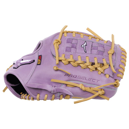 Mizuno Pro Select fastpitch softball glove in a Lavender colorway with blonde lacing and accenting on a white background