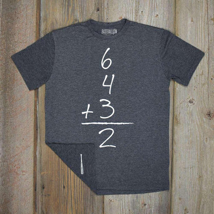 Baseballism Gray t-shirt with a mathematical equation design for a double play. 