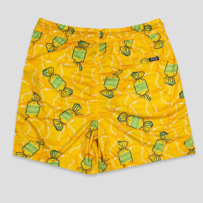 A pair of yellow athletic mesh shorts with a pattern of bubbles and text, and a drawstring waist.