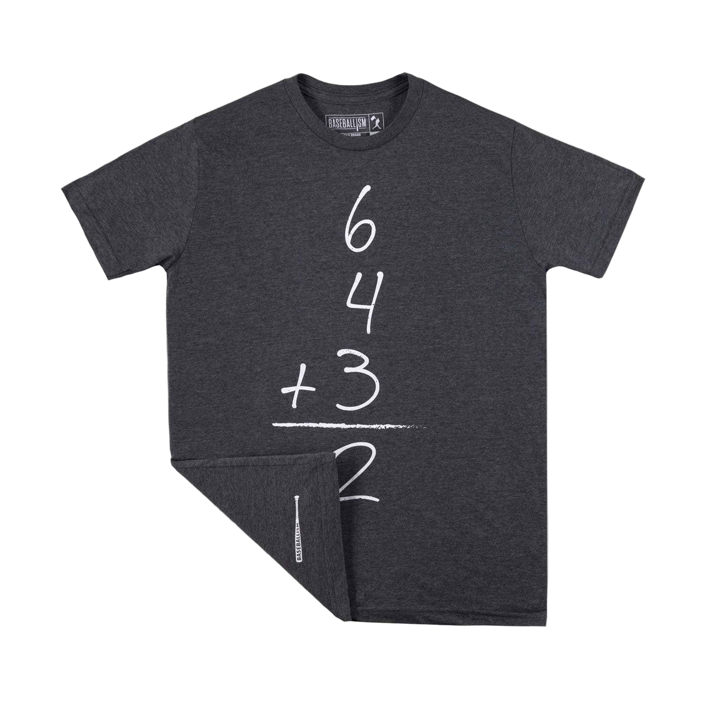 Baseballism Gray t-shirt with a mathematical equation design for a double play. 