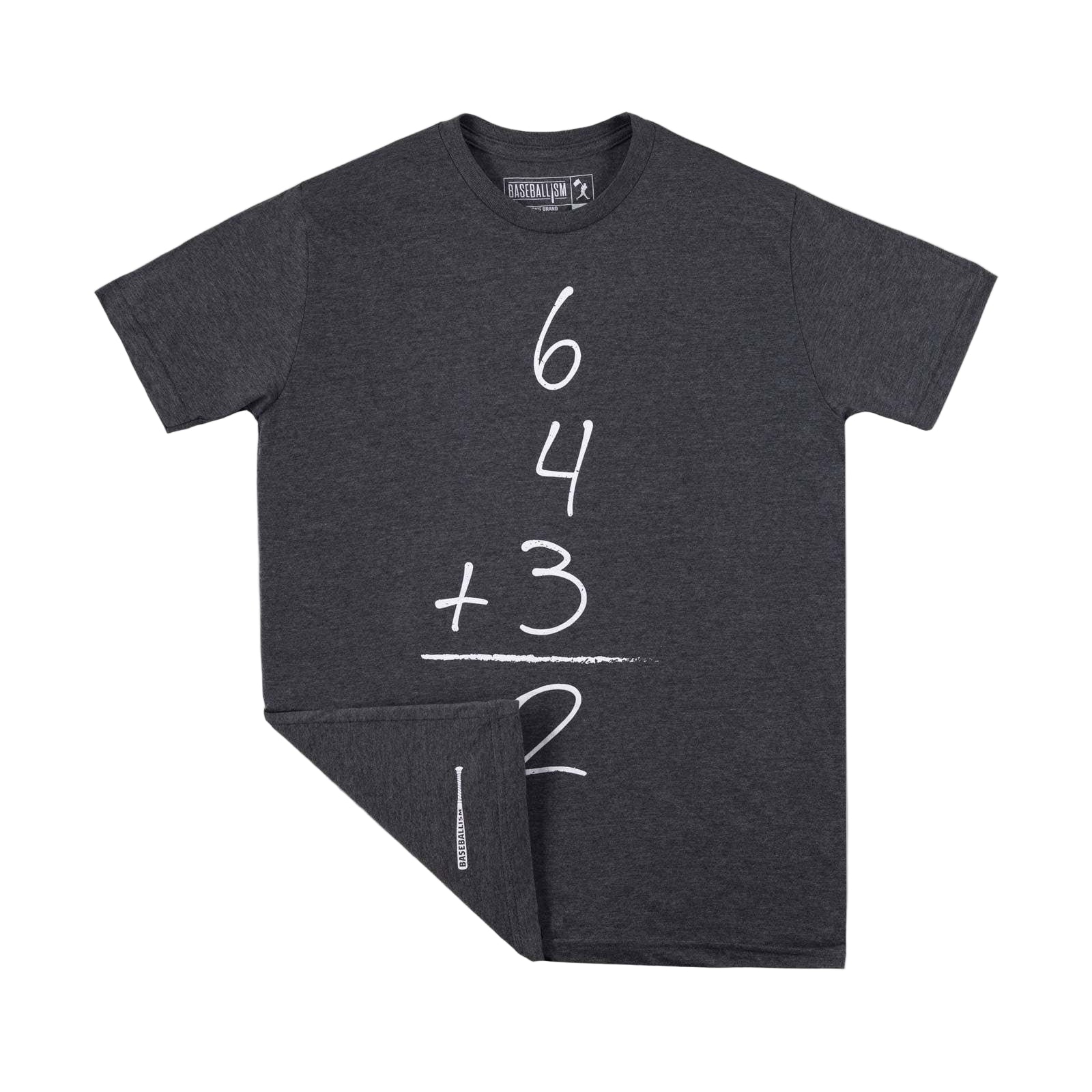 Baseballism Gray t-shirt with a mathematical equation design for a double play. 