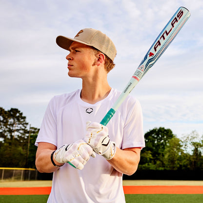 2027 Louisville Slugger Atlas 2.0 BBCOR Baseball Bat being held by a baseball player on the ball field