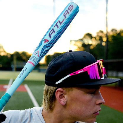 2027 Louisville Slugger Atlas 2.0 BBCOR Baseball Bat being held by a baseball player on the ball field