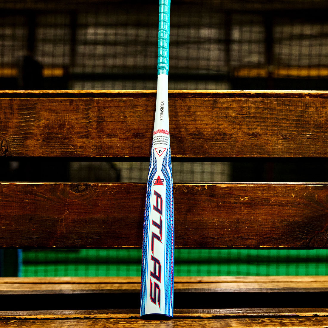 2027 Louisville Slugger Atlas 2.0 BBCOR bat with EVX Alloy Tech Barrel, balanced swing weight, Tuned Mass Damper, and XPND Performance End Cap.