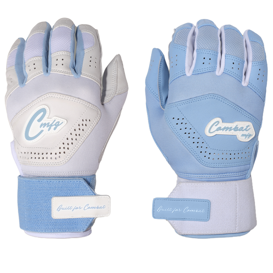 COMBAT MFG Ying Yang Long Strap Batting Gloves: White/Columbia Blue