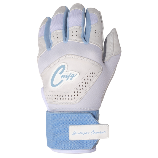 COMBAT MFG Ying Yang Long Strap Batting Gloves: White/Columbia Blue