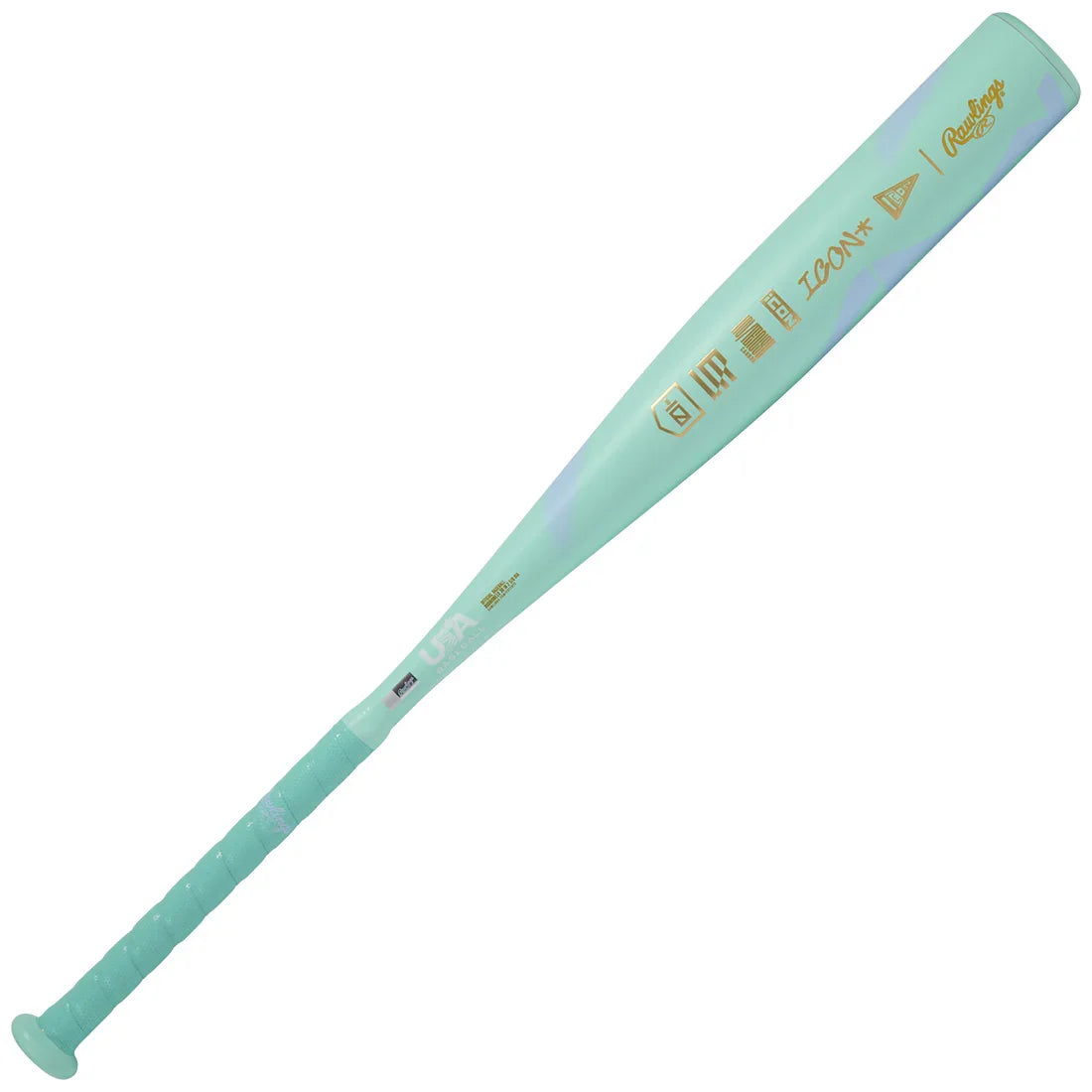 Light blue baseball bat with gold text on a white background