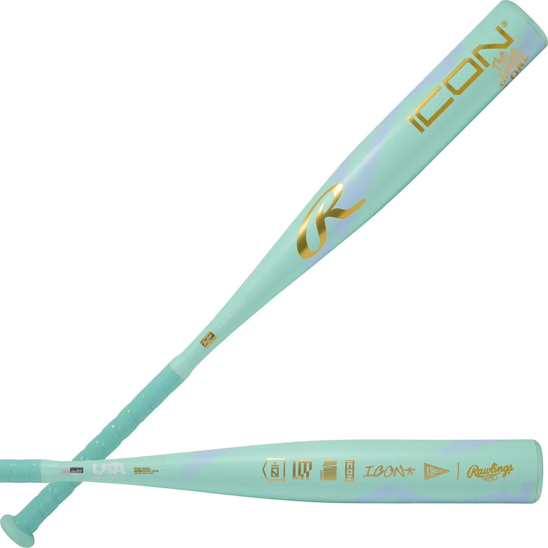 Light blue baseball bat with gold branding on a white background
