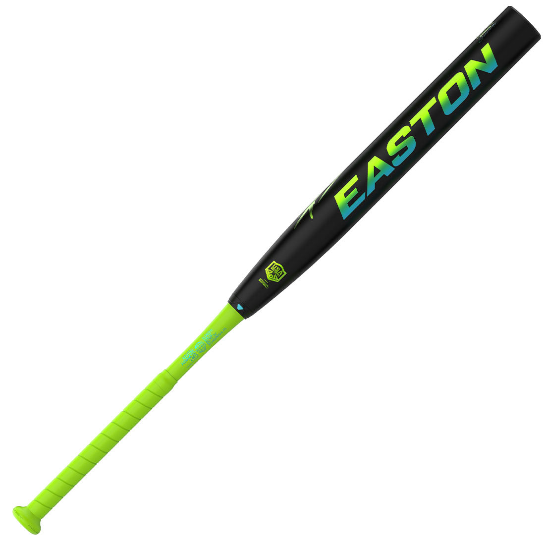 An Easton Marsh USA bat with a black barrel and a bright neon green handle, featuring the brand name 'EASTON' in a green-to-blue gradient on the barrel.