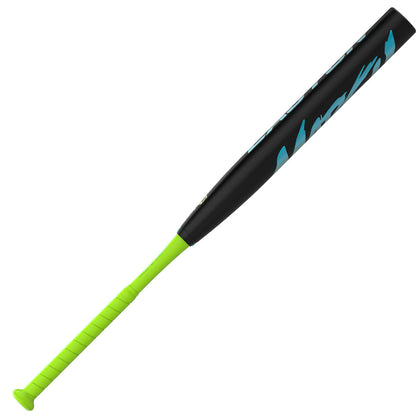 An Easton Slowpitch Softball bat with a black barrel featuring light blue graphics, and a bright neon green grip, shown diagonally on a solid white background.