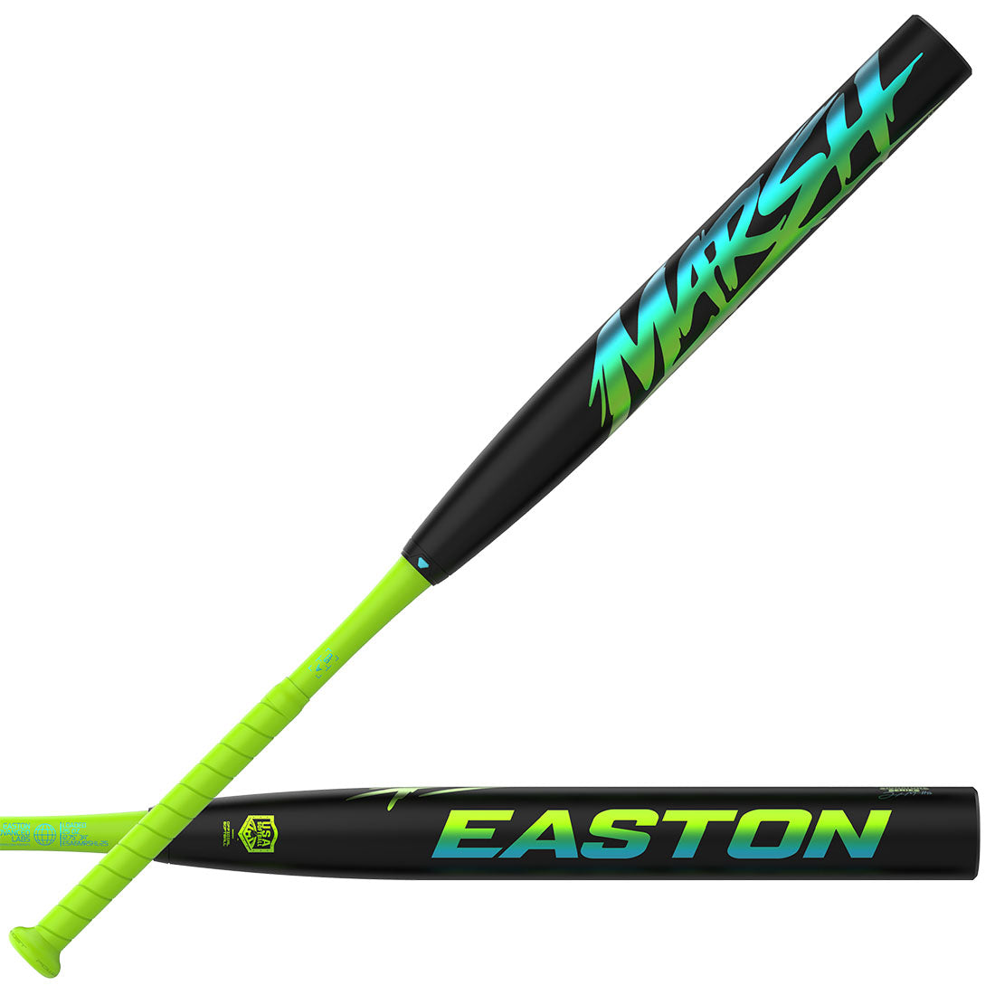 An Easton Marsh USA bat with a black barrel and a bright neon green handle, featuring the brand name 'EASTON' in a green-to-blue gradient on the barrel.